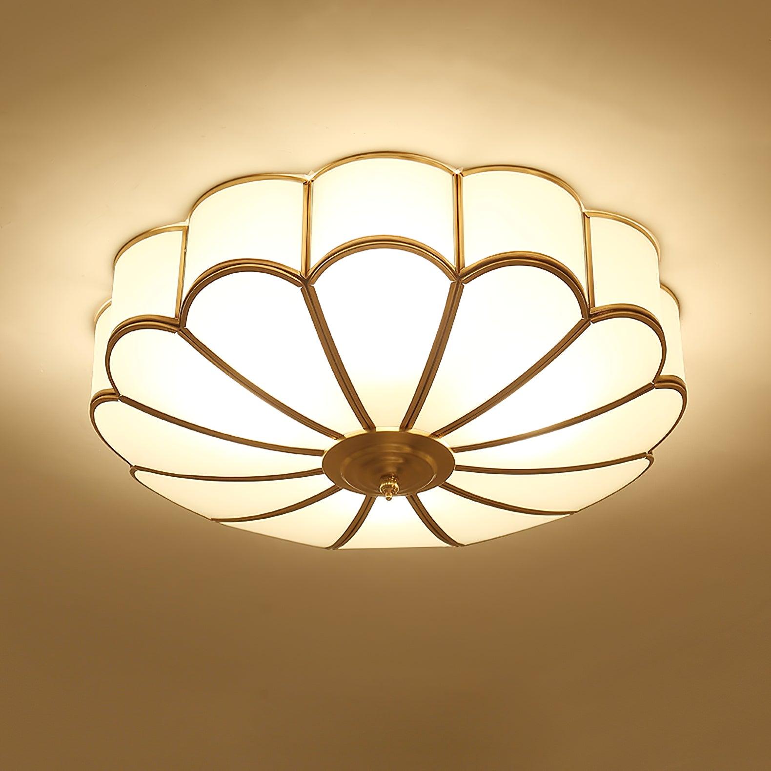 Ceiling Lamp Art Deco with Floral Glass Shade and Brass Frame