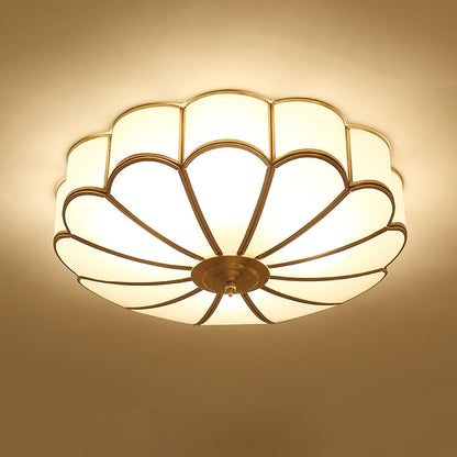Ceiling Lamp Art Deco with Floral Glass Shade and Brass Frame