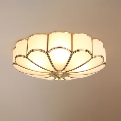 Ceiling Lamp Art Deco with Floral Glass Shade and Brass Frame