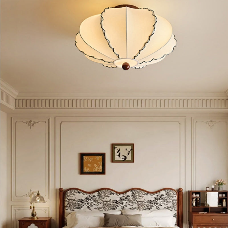Ceiling Lamp Bohemian with Scalloped Fabric Shade and Walnut Wood Detail