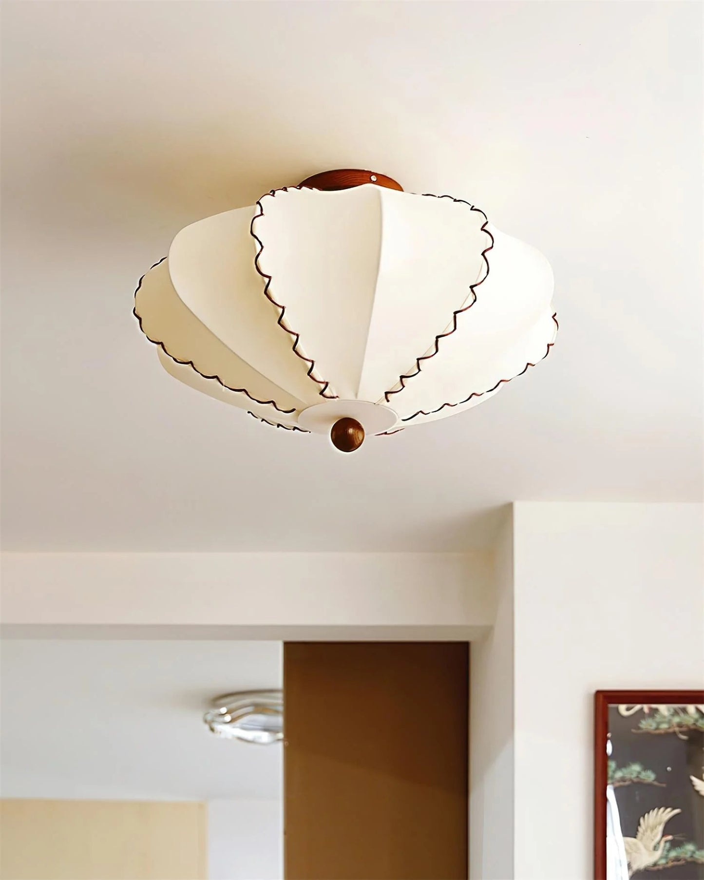 Ceiling Lamp Bohemian with Scalloped Fabric Shade and Walnut Wood Detail