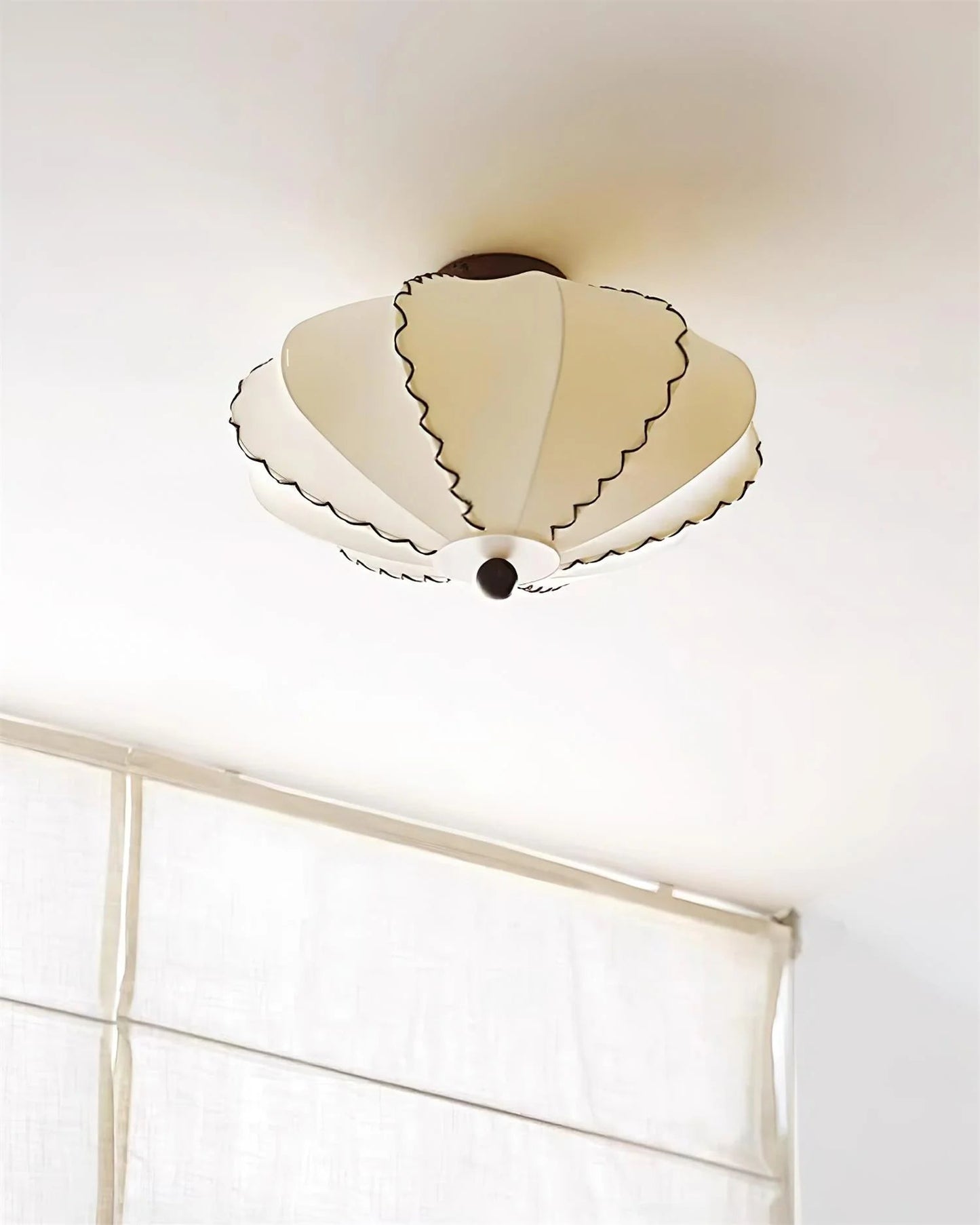 Ceiling Lamp Bohemian with Scalloped Fabric Shade and Walnut Wood Detail