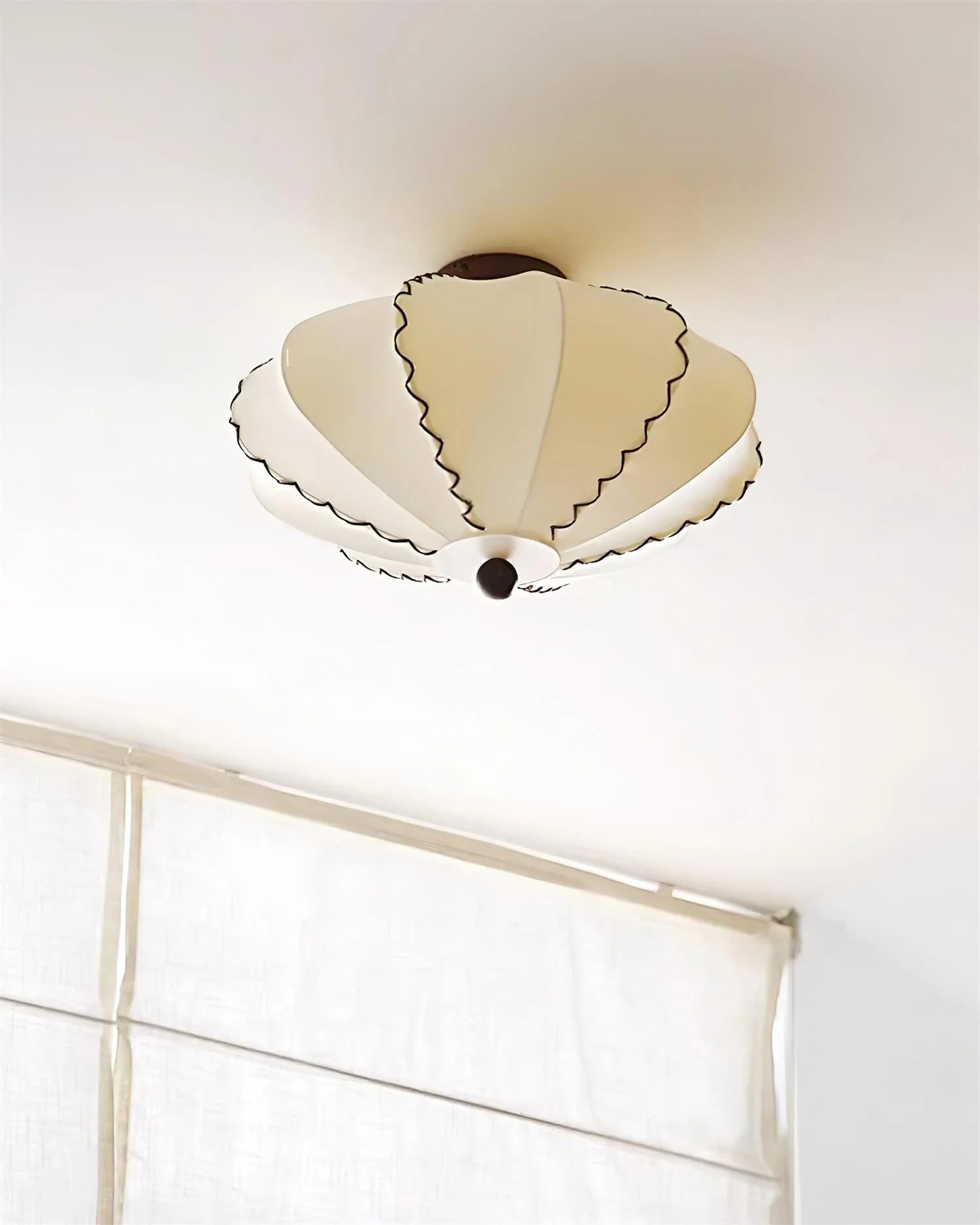 Ceiling Lamp Bohemian with Scalloped Fabric Shade and Walnut Wood Detail