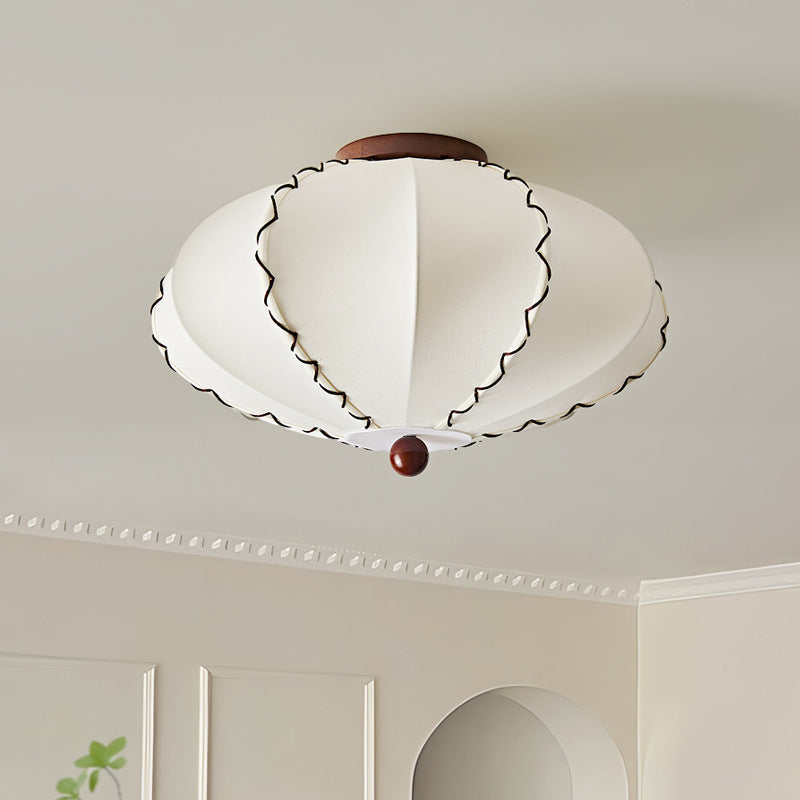 Ceiling Lamp Bohemian with Scalloped Fabric Shade and Walnut Wood Detail