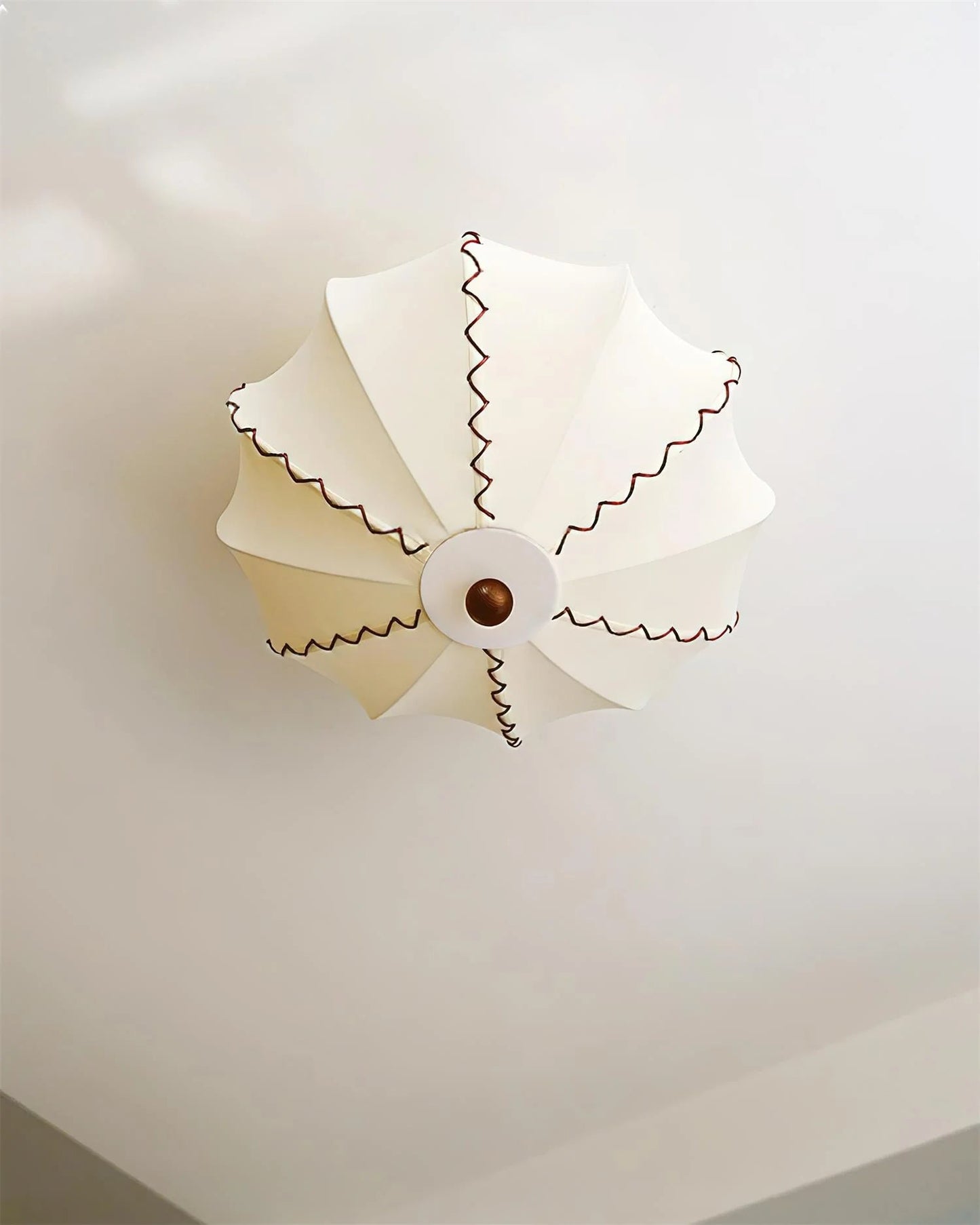 Ceiling Lamp Bohemian with Scalloped Fabric Shade and Walnut Wood Detail