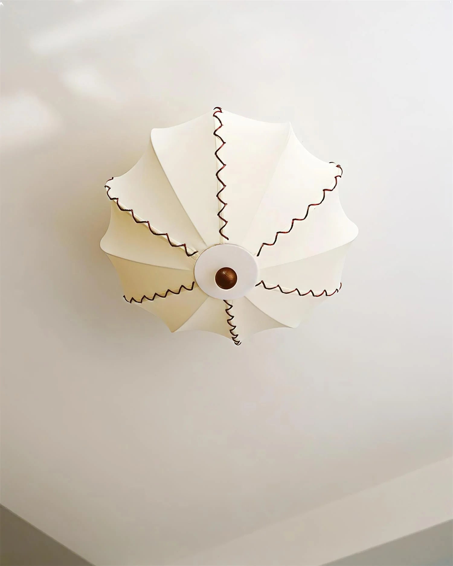 Ceiling Lamp Bohemian with Scalloped Fabric Shade and Walnut Wood Detail