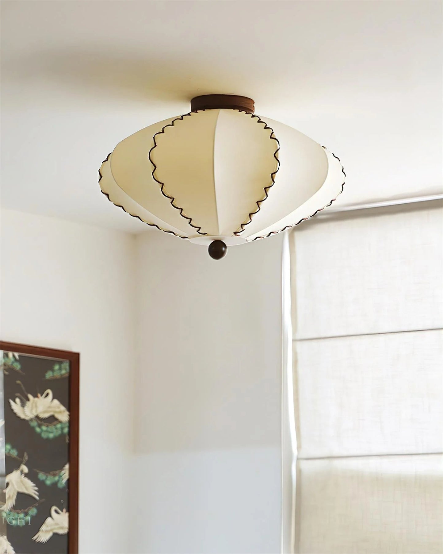 Ceiling Lamp Bohemian with Scalloped Fabric Shade and Walnut Wood Detail