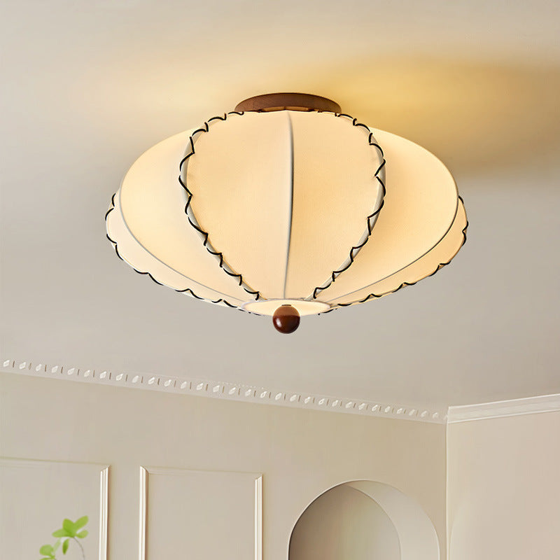 Ceiling Lamp Bohemian with Scalloped Fabric Shade and Walnut Wood Detail