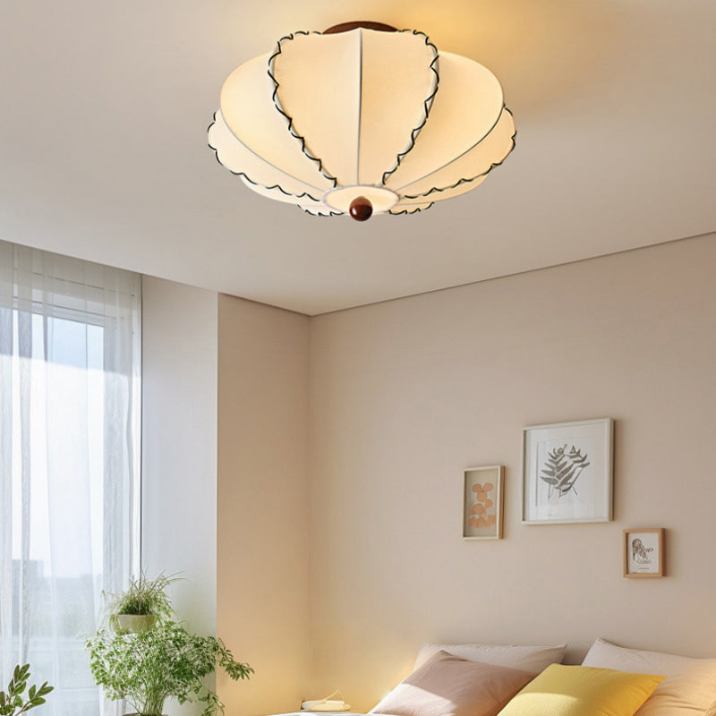 Ceiling Lamp Bohemian with Scalloped Fabric Shade and Walnut Wood Detail