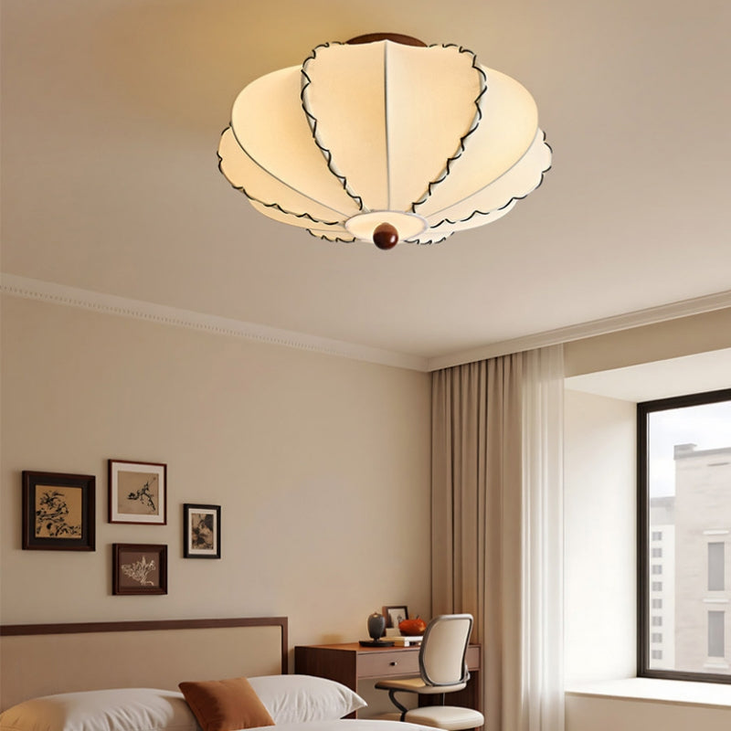Ceiling Lamp Bohemian with Scalloped Fabric Shade and Walnut Wood Detail