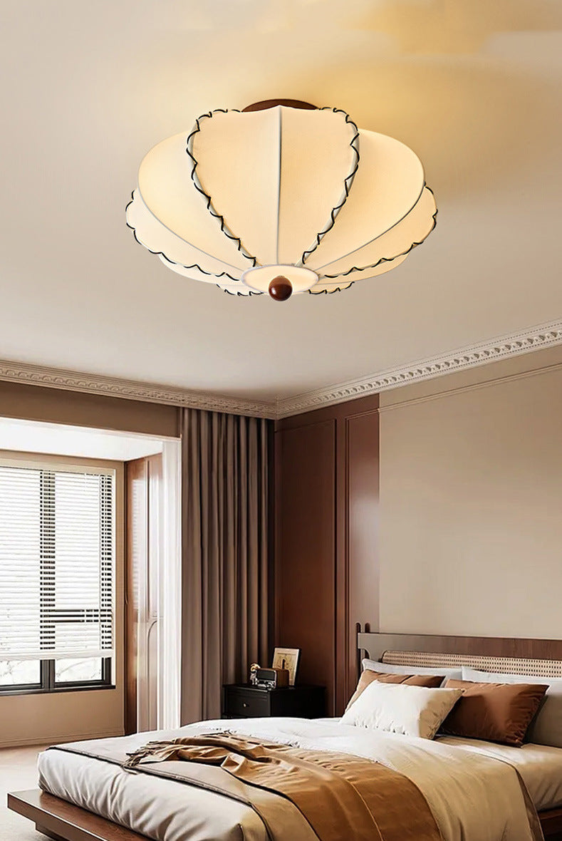 Ceiling Lamp Bohemian with Scalloped Fabric Shade and Walnut Wood Detail