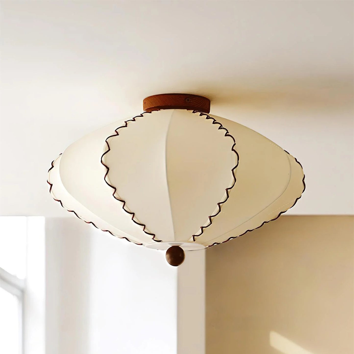 Ceiling Lamp Bohemian with Scalloped Fabric Shade and Walnut Wood Detail