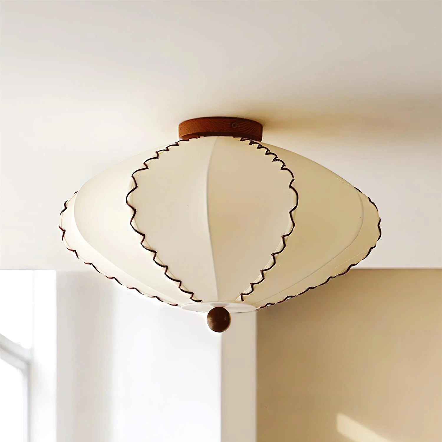 Ceiling Lamp Bohemian with Scalloped Fabric Shade and Walnut Wood Detail