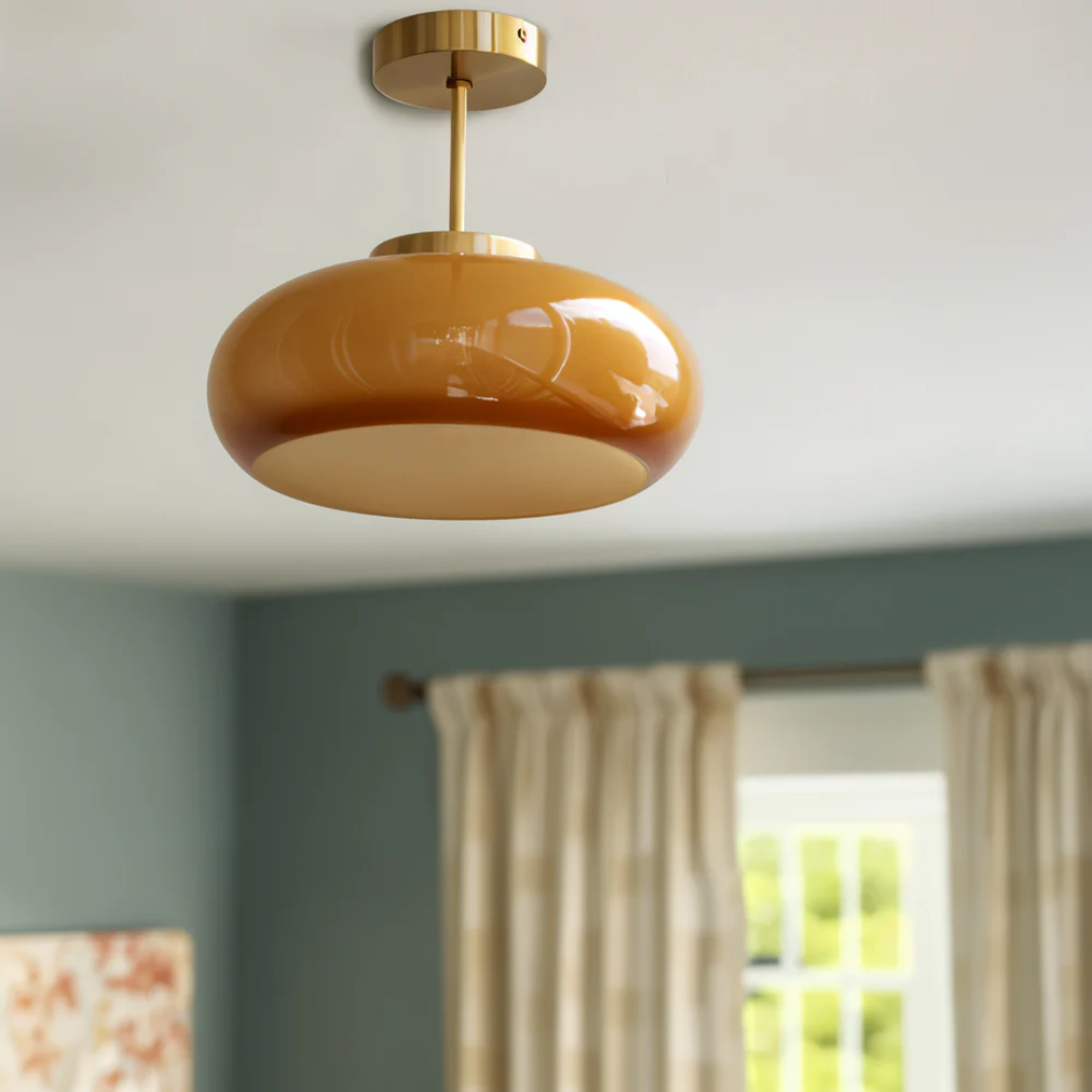 Ceiling Lamp Retro with Rounded Glass Shade and Brass Stem