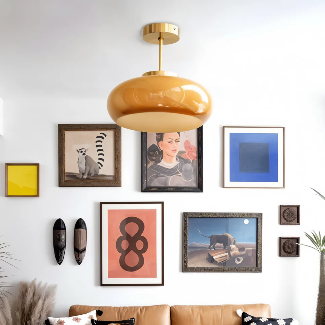 Ceiling Lamp Retro with Rounded Glass Shade and Brass Stem