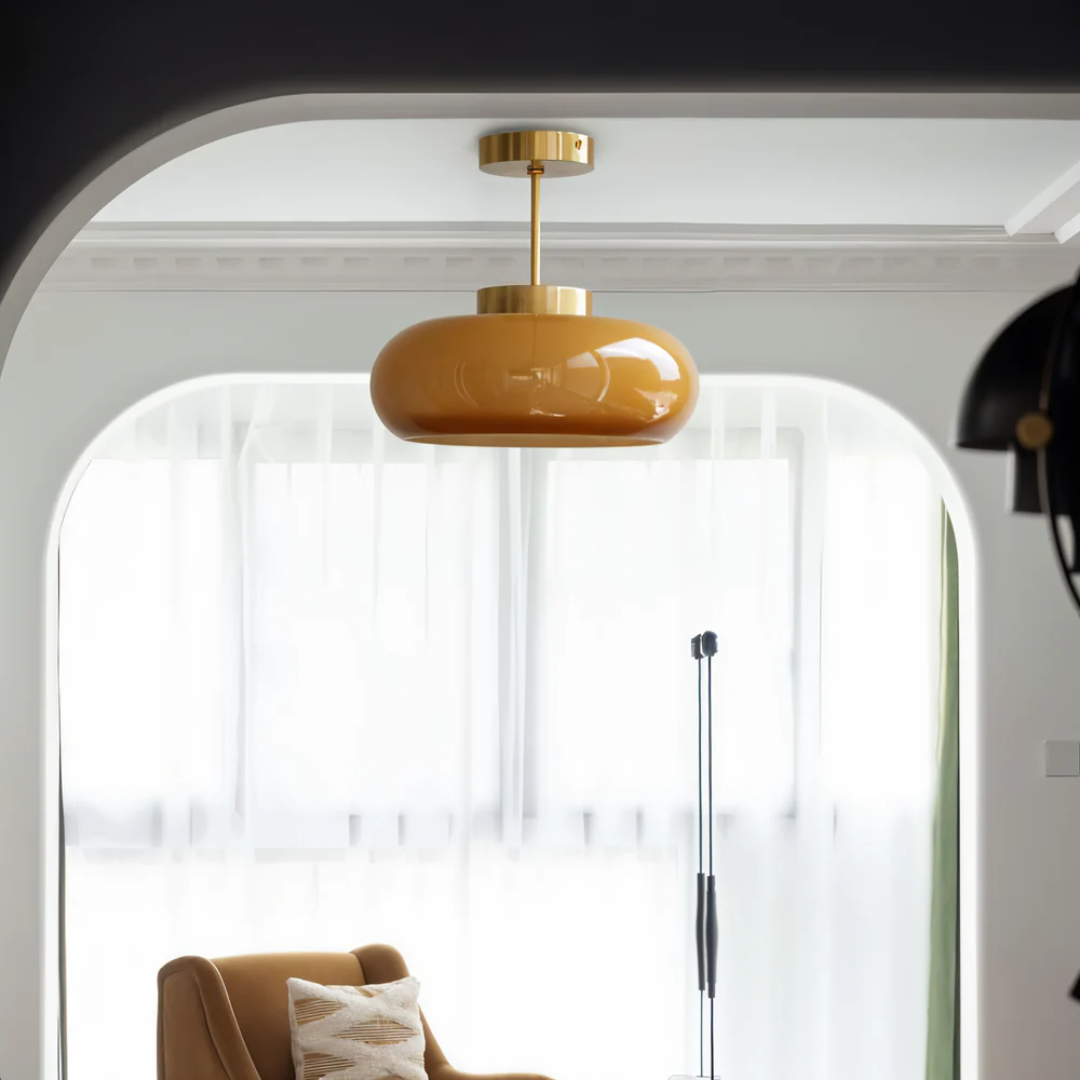 Ceiling Lamp Retro with Rounded Glass Shade and Brass Stem