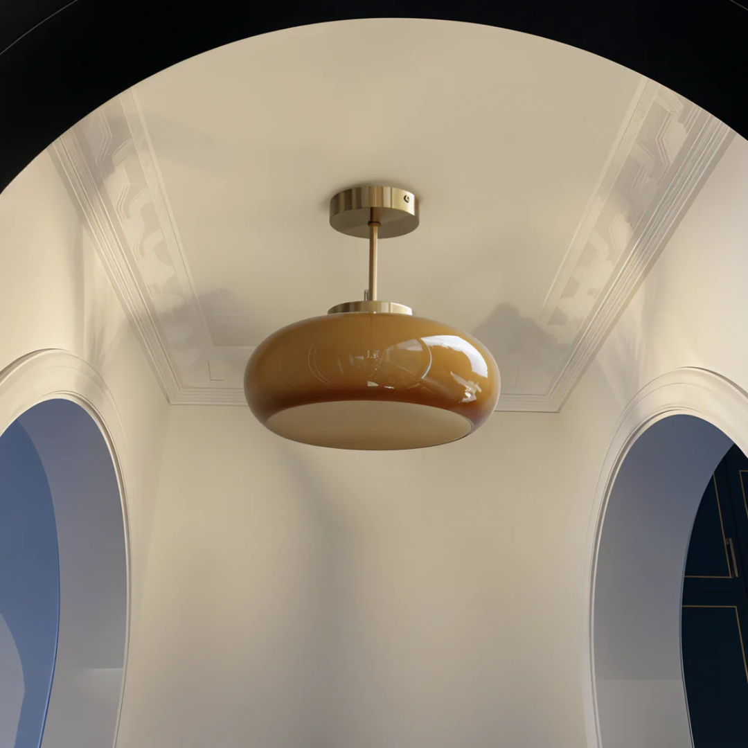 Ceiling Lamp Retro with Rounded Glass Shade and Brass Stem