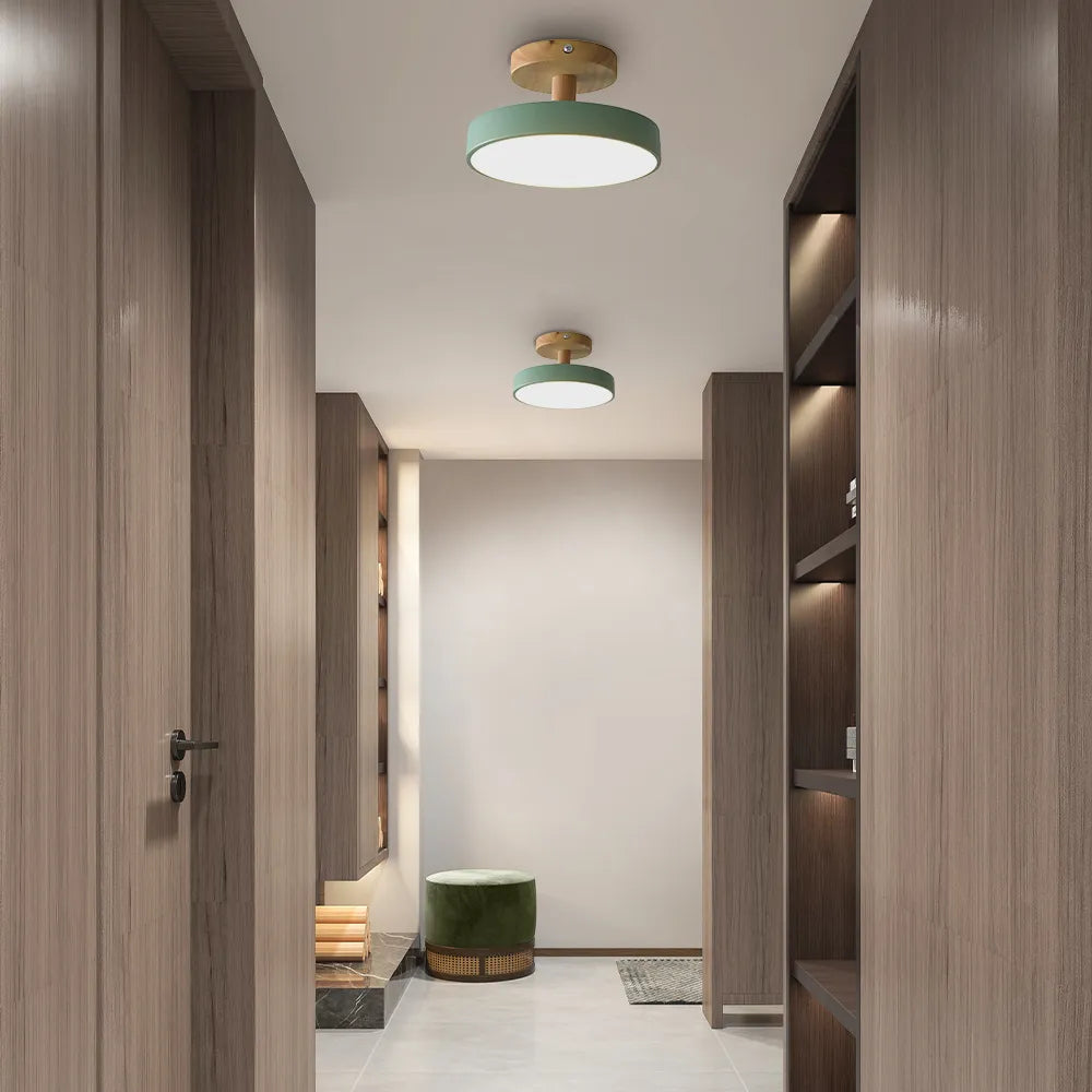 Ceiling Lamp Scandinavian Round Flush Mount with Wood Canopy and Integrated LED