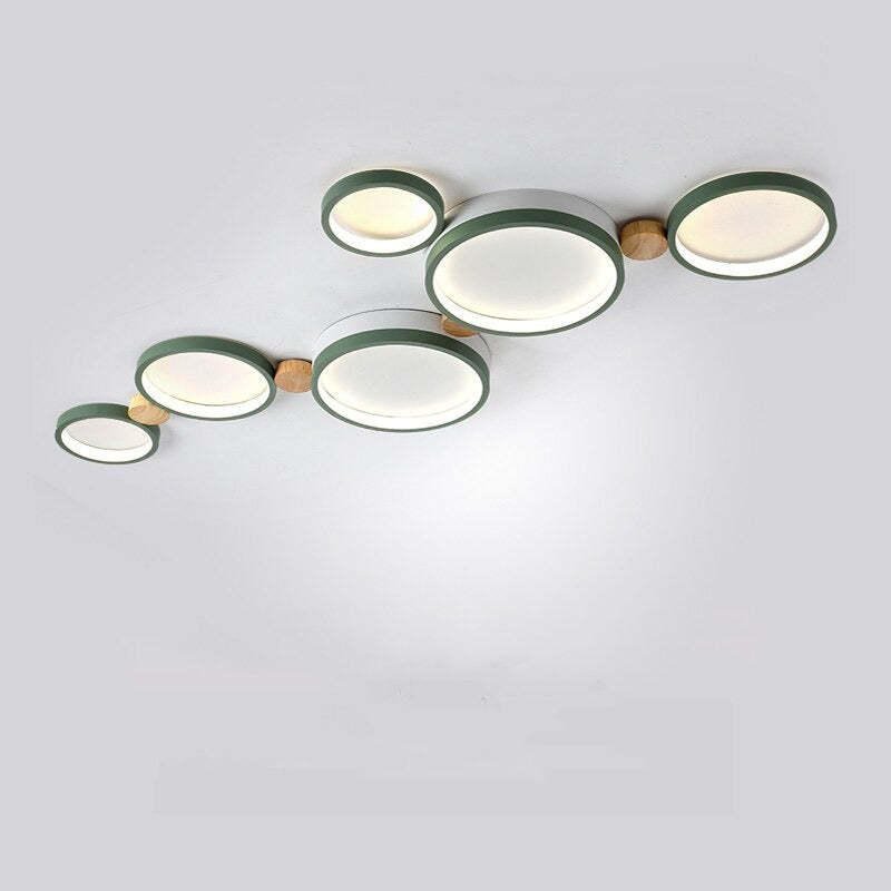 Ceiling Lamp Scandinavian with Linked Round Heads and Wood Accents