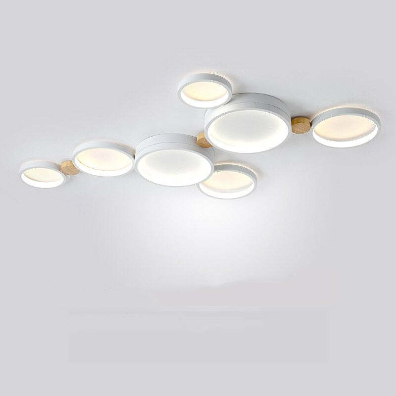Ceiling Lamp Scandinavian with Linked Round Heads and Wood Accents