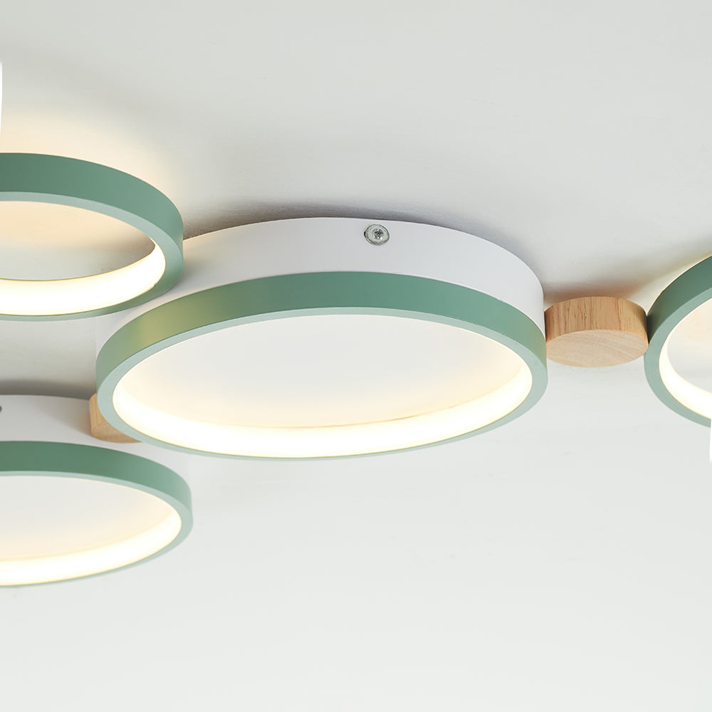 Ceiling Lamp Scandinavian with Linked Round Heads and Wood Accents