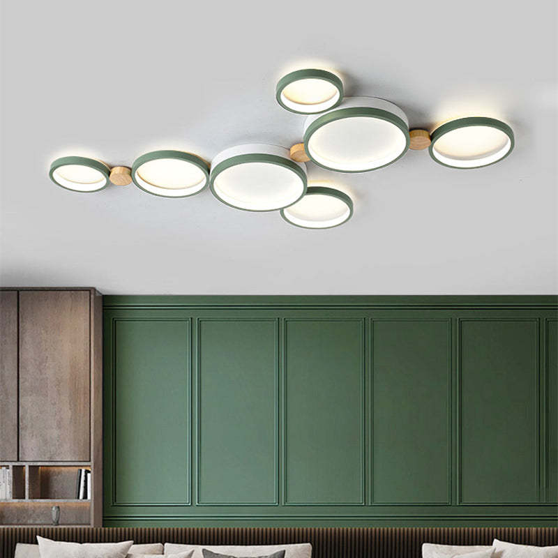 Ceiling Lamp Scandinavian with Linked Round Heads and Wood Accents