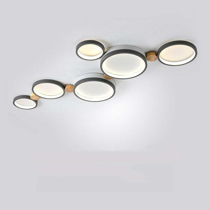 Ceiling Lamp Scandinavian with Linked Round Heads and Wood Accents