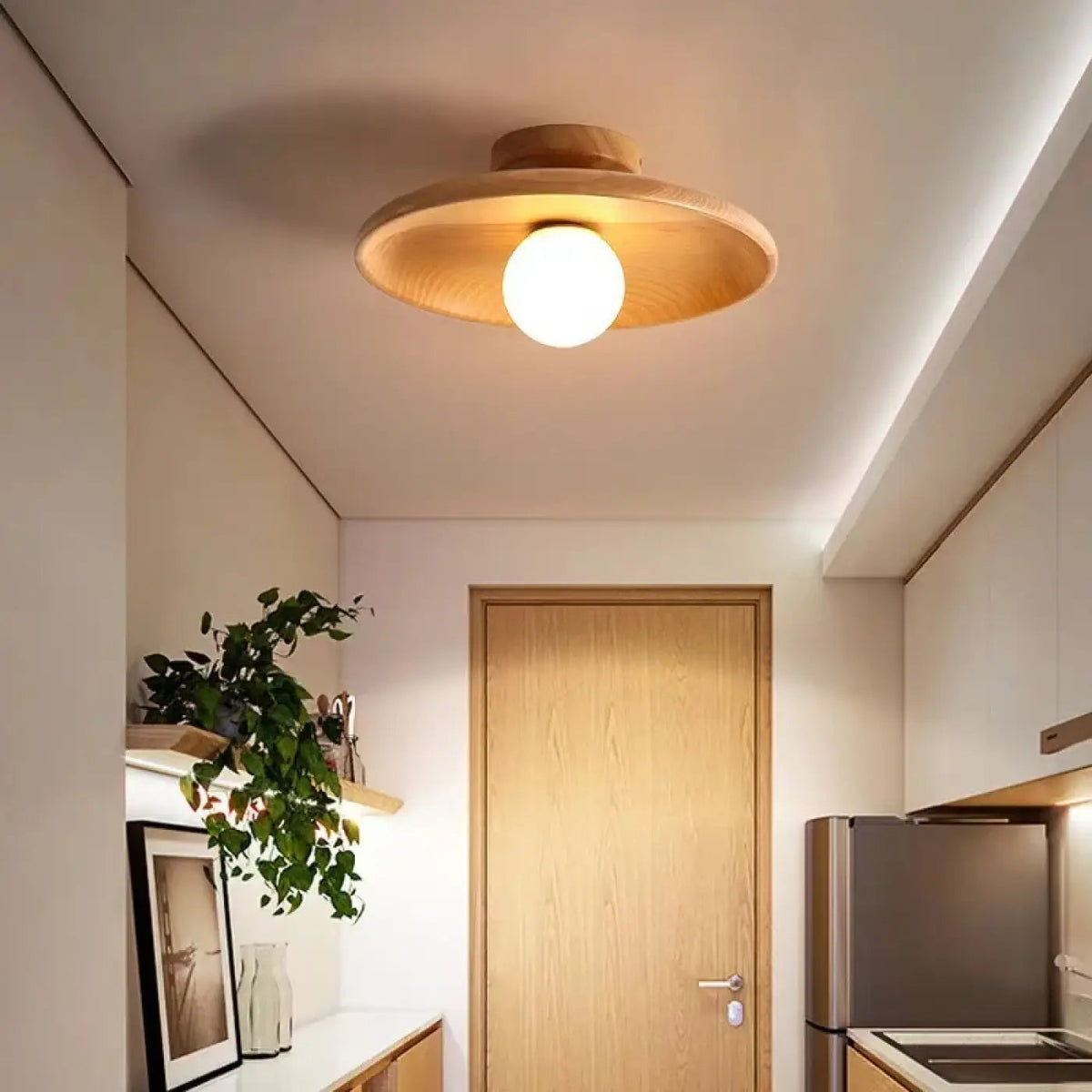 Ceiling Lamp Scandinavian with Round Wooden Shade and Globe Bulb