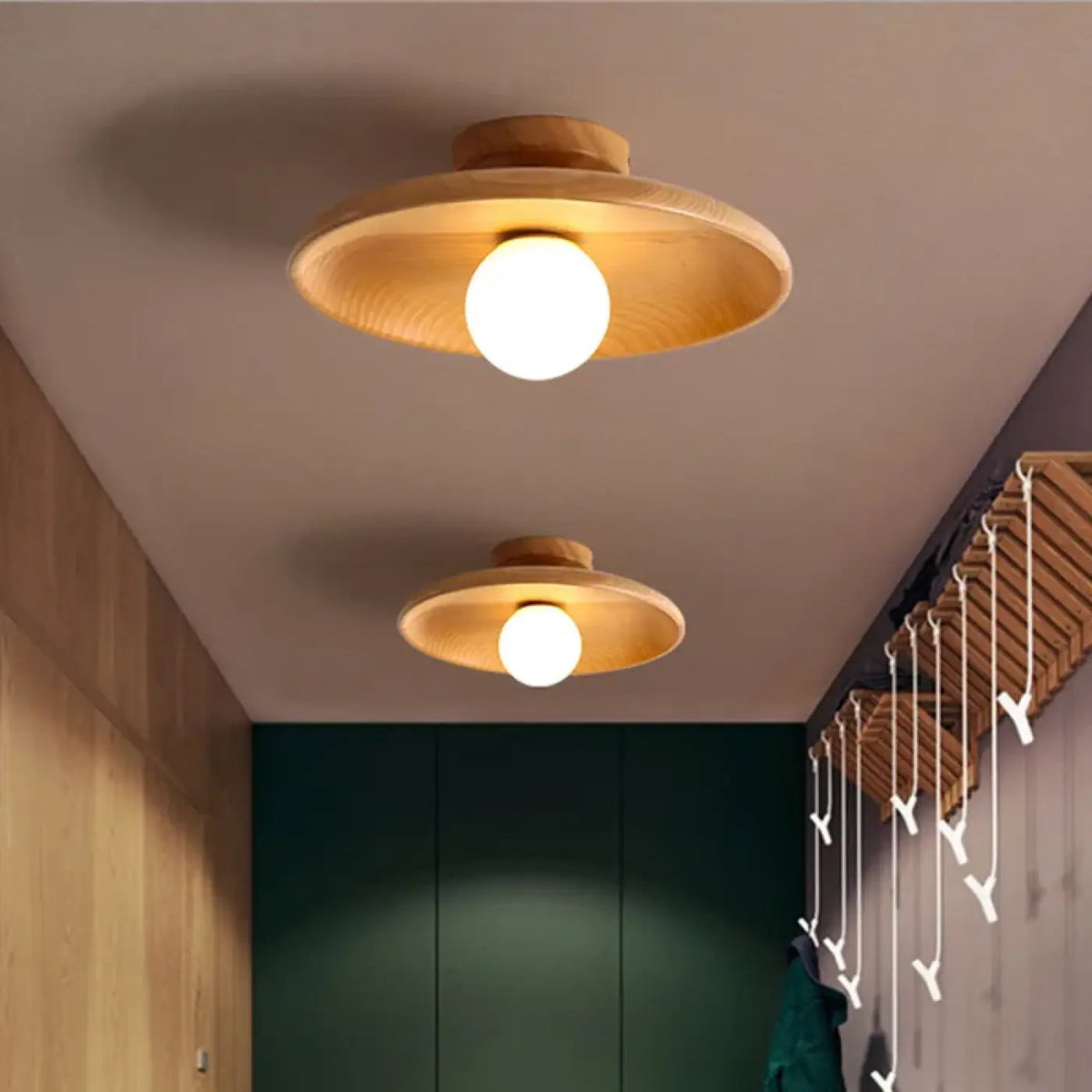 Ceiling Lamp Scandinavian with Round Wooden Shade and Globe Bulb