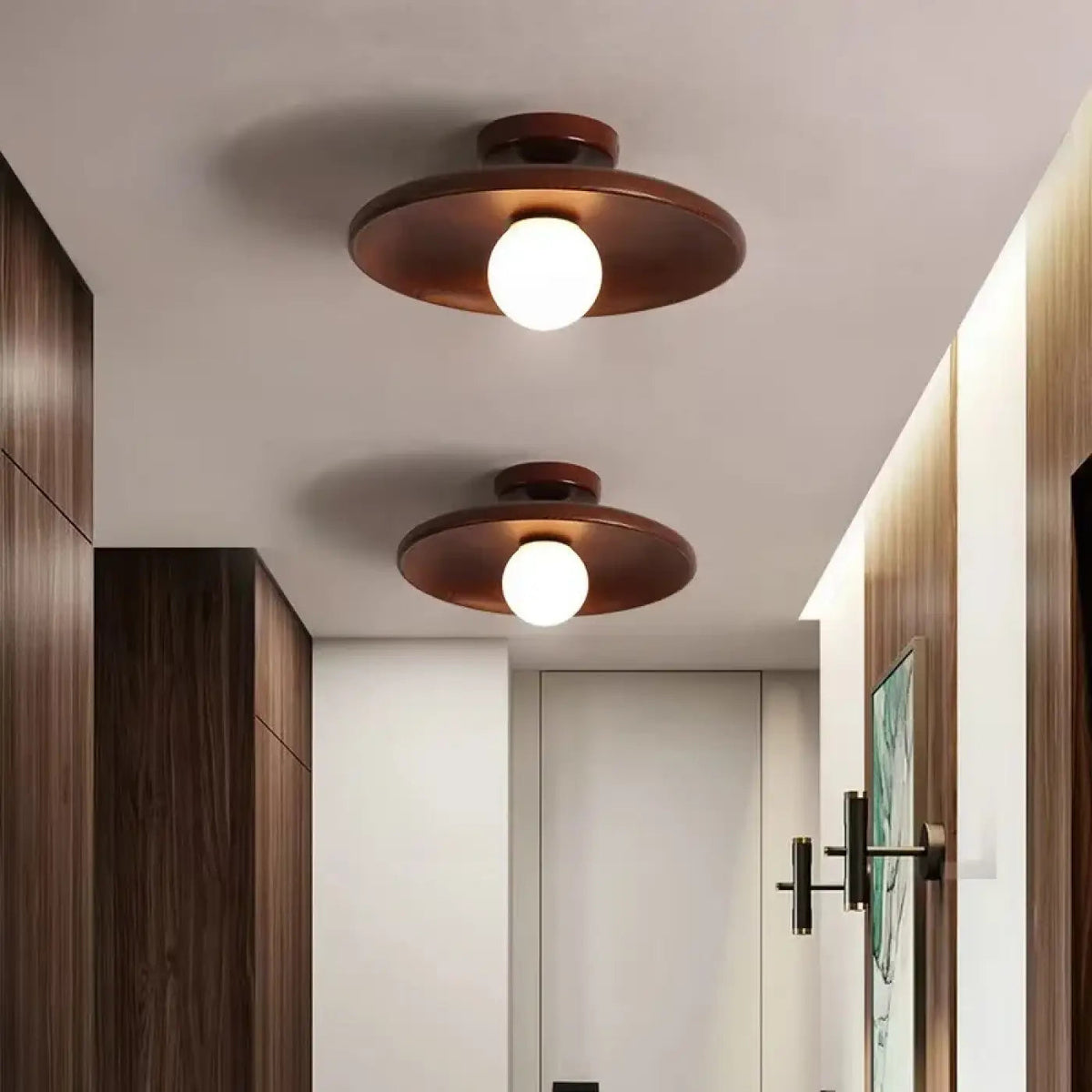 Ceiling Lamp Scandinavian with Round Wooden Shade and Globe Bulb