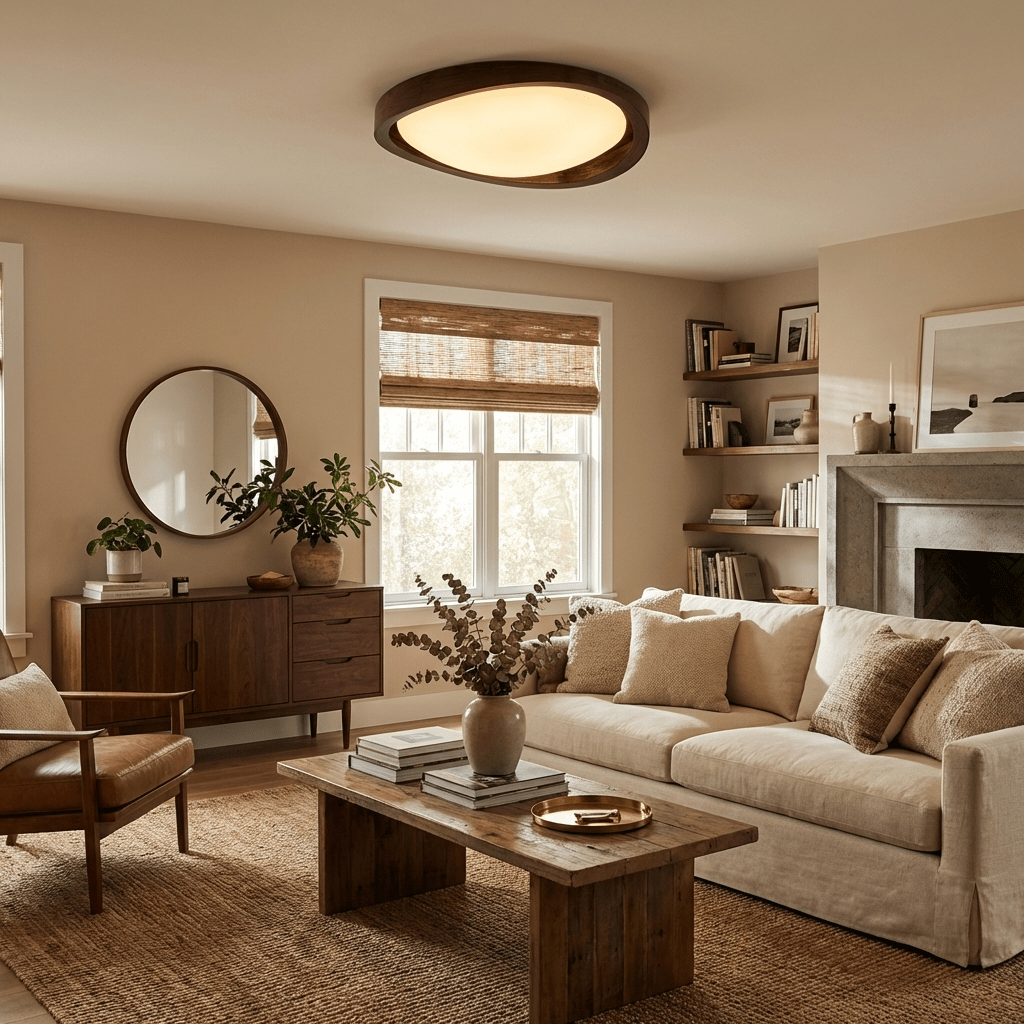 Ceiling Lamp Scandinavian with Twisted Wood Ring Frame and Integrated LED
