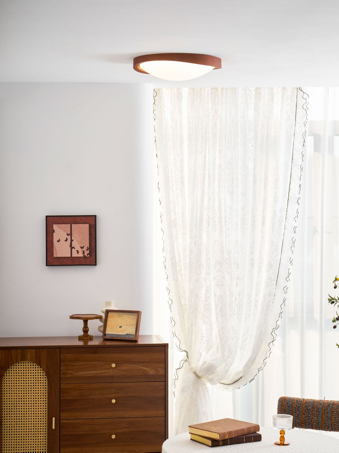 Ceiling Lamp Scandinavian with Twisted Wood Ring Frame and Integrated LED