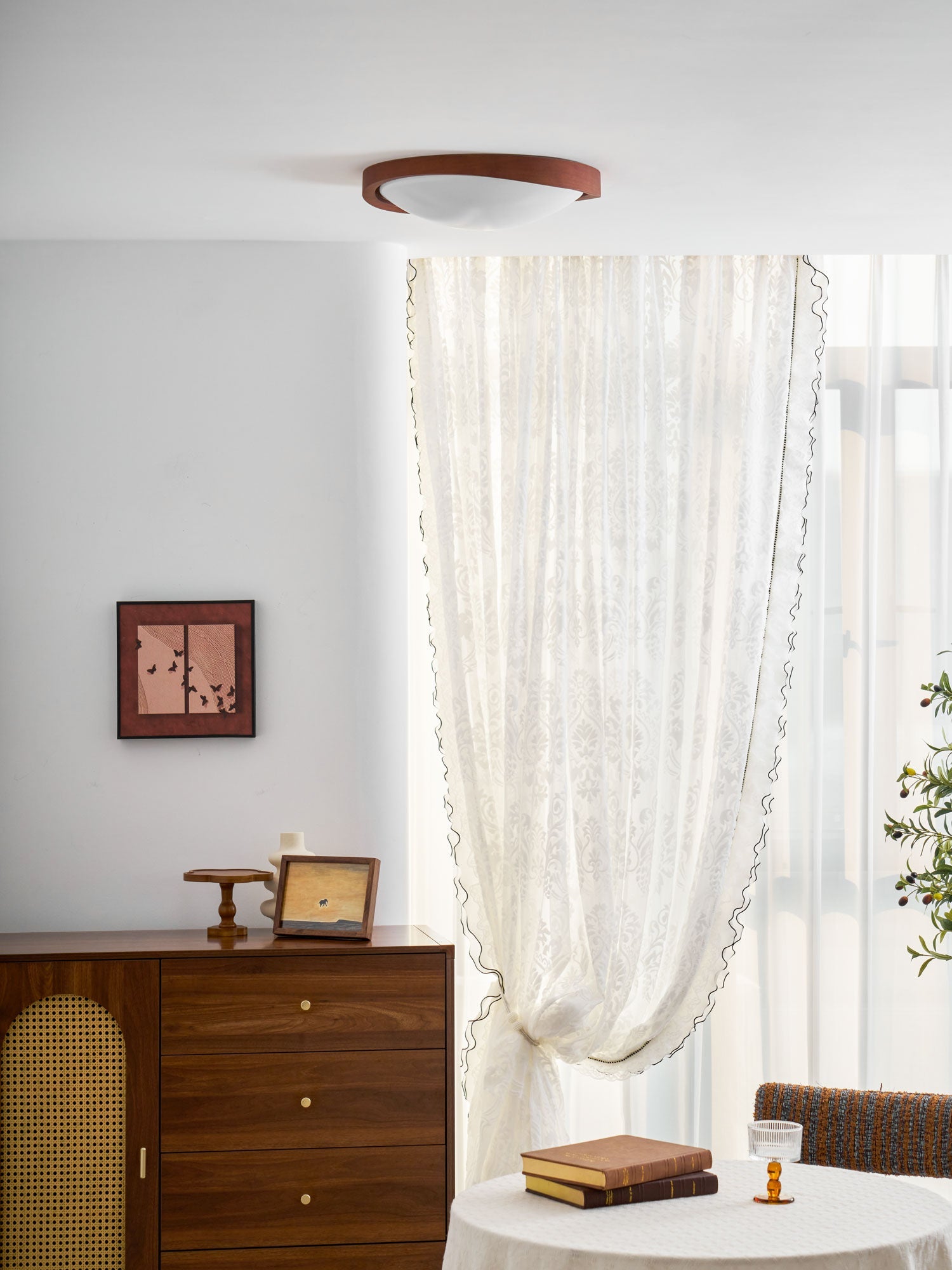 Ceiling Lamp Scandinavian with Twisted Wood Ring Frame and Integrated LED