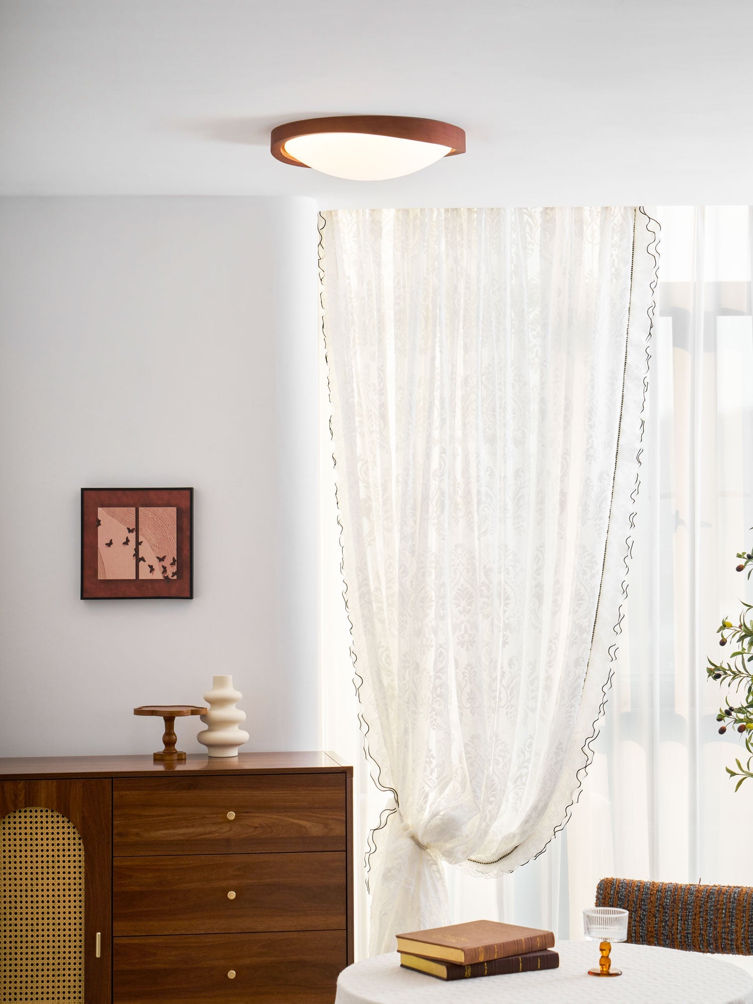 Ceiling Lamp Scandinavian with Twisted Wood Ring Frame and Integrated LED