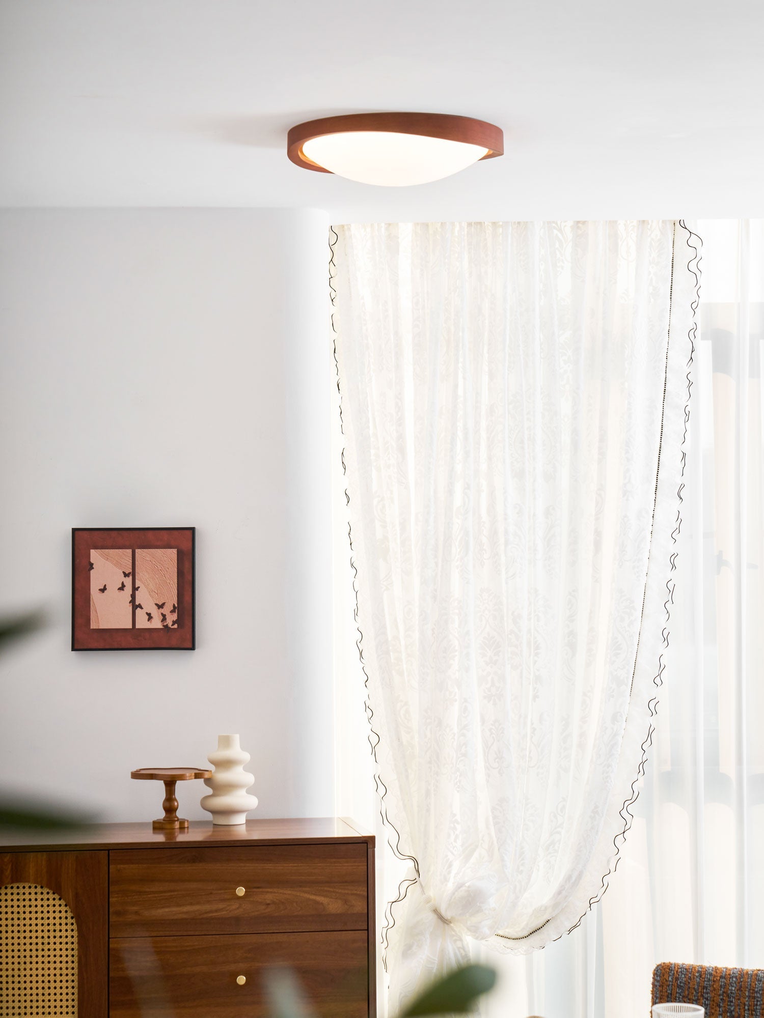 Ceiling Lamp Scandinavian with Twisted Wood Ring Frame and Integrated LED