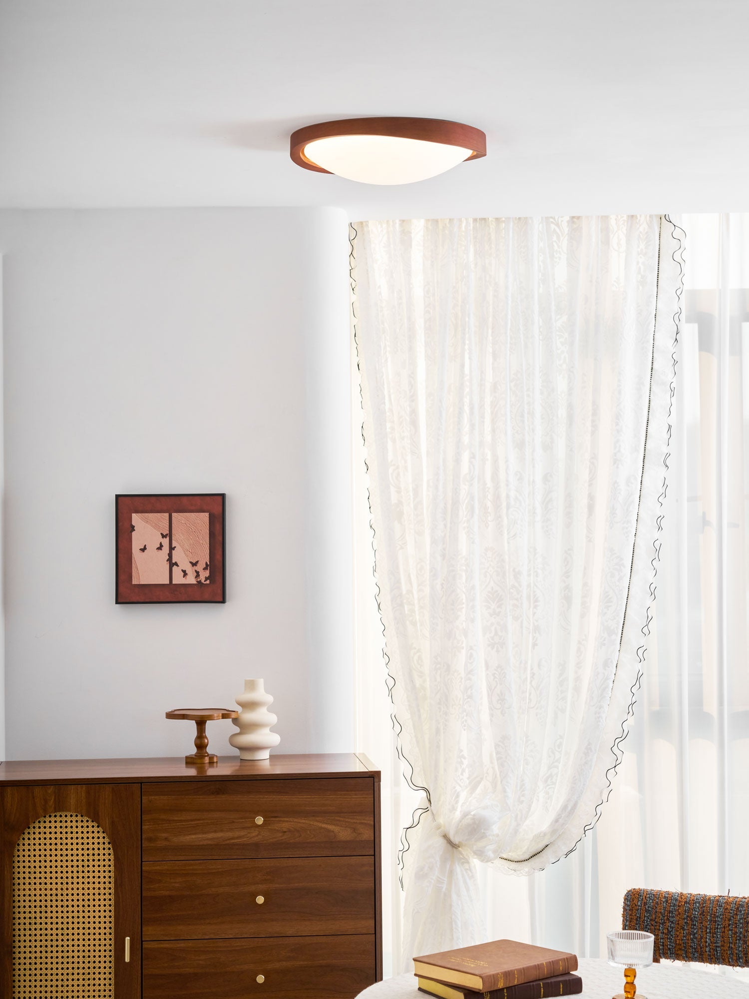 Ceiling Lamp Scandinavian with Twisted Wood Ring Frame and Integrated LED