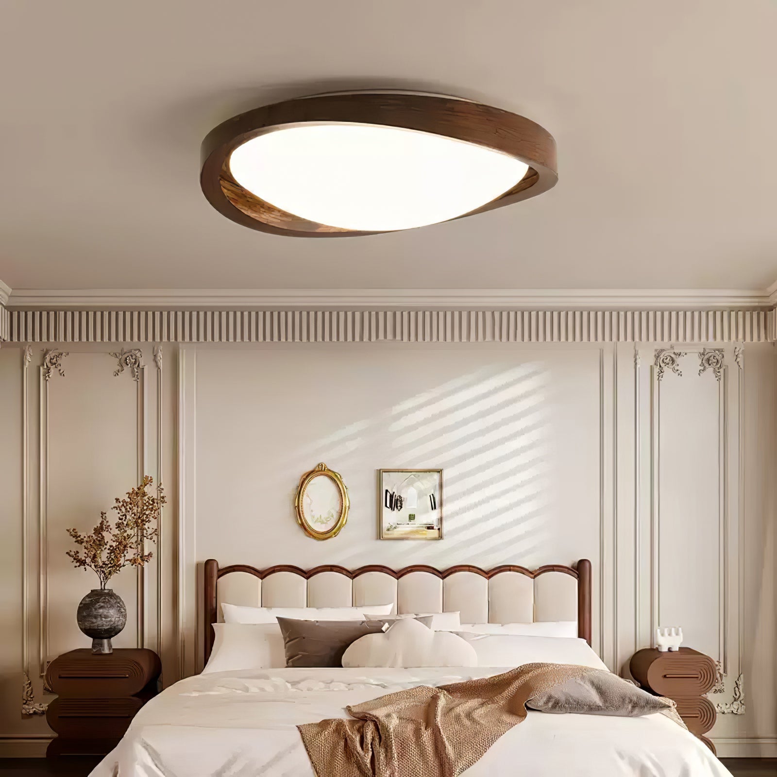 Ceiling Lamp Scandinavian with Twisted Wood Ring Frame and Integrated LED