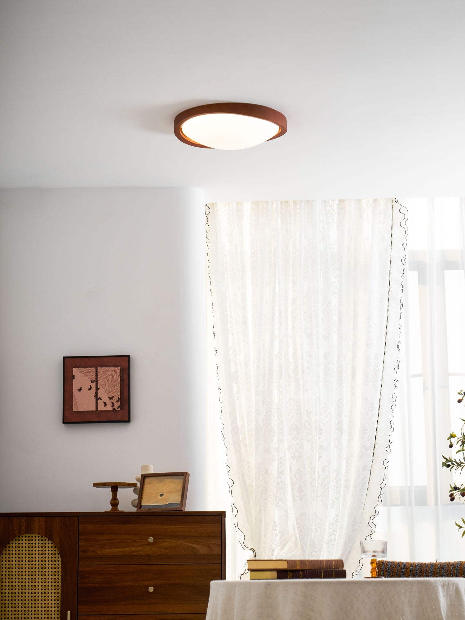 Ceiling Lamp Scandinavian with Twisted Wood Ring Frame and Integrated LED