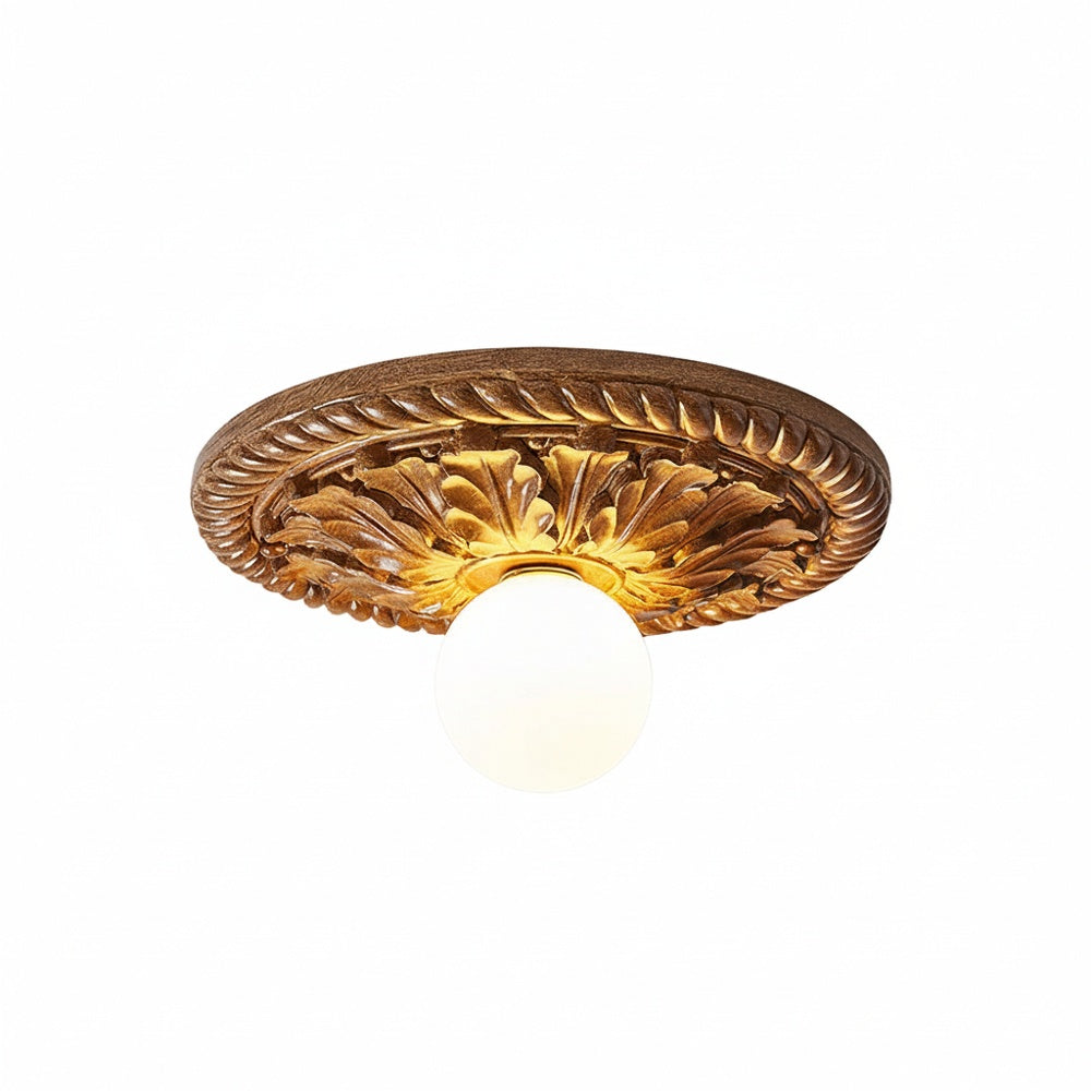 Ceiling Lamp Vintage Art Deco with Ornate Carved Round Base and Globe Shade
