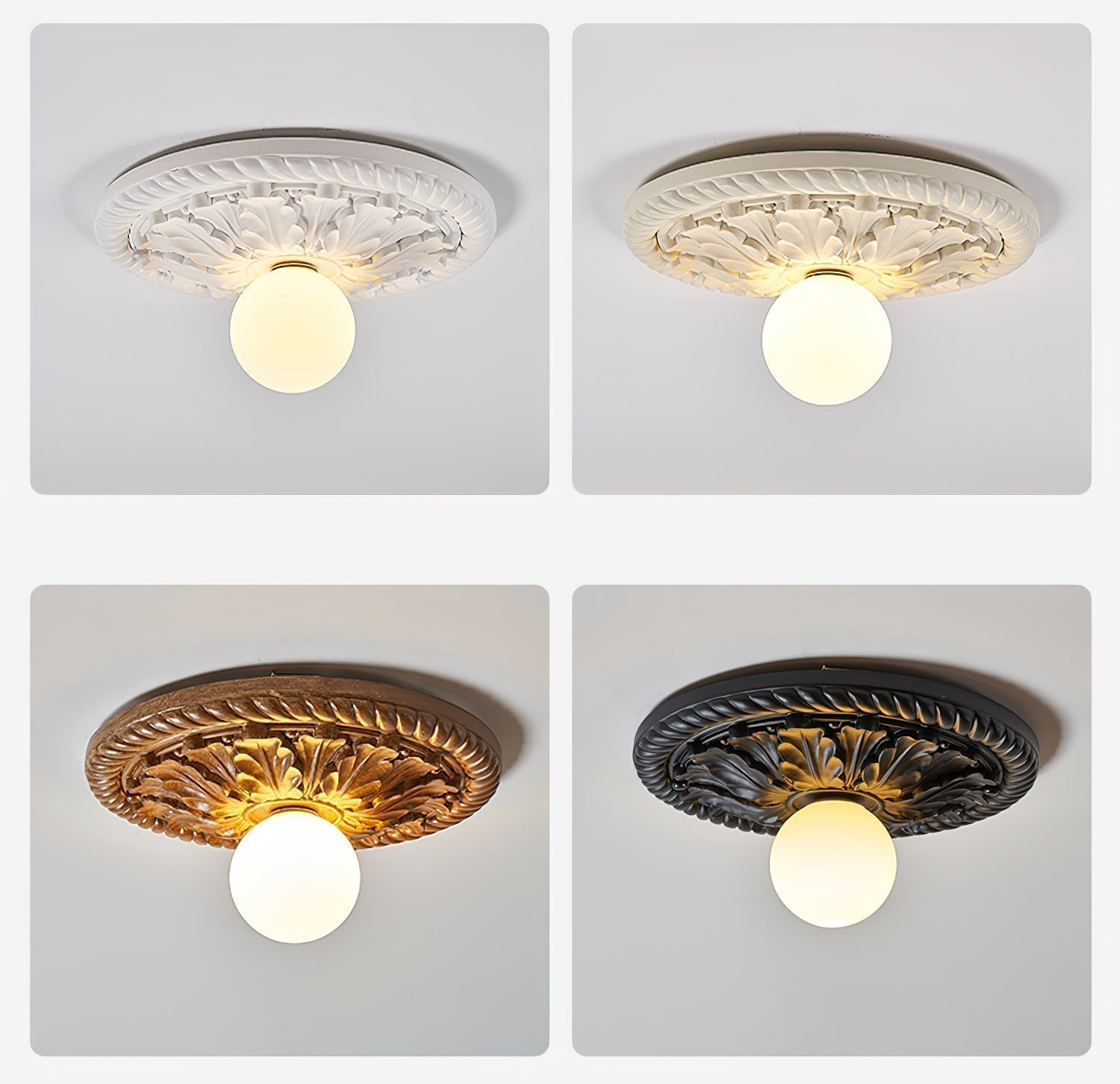 Ceiling Lamp Vintage Art Deco with Ornate Carved Round Base and Globe Shade