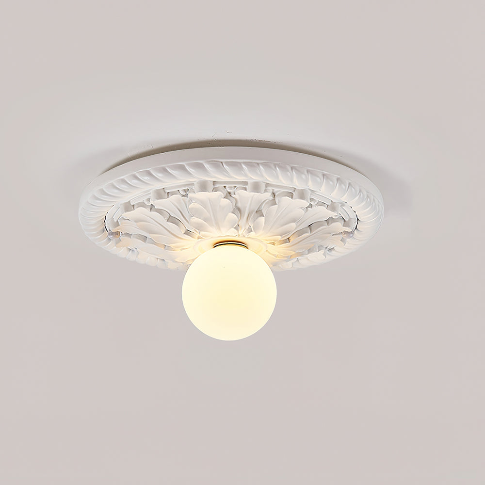 Ceiling Lamp Vintage Art Deco with Ornate Carved Round Base and Globe Shade