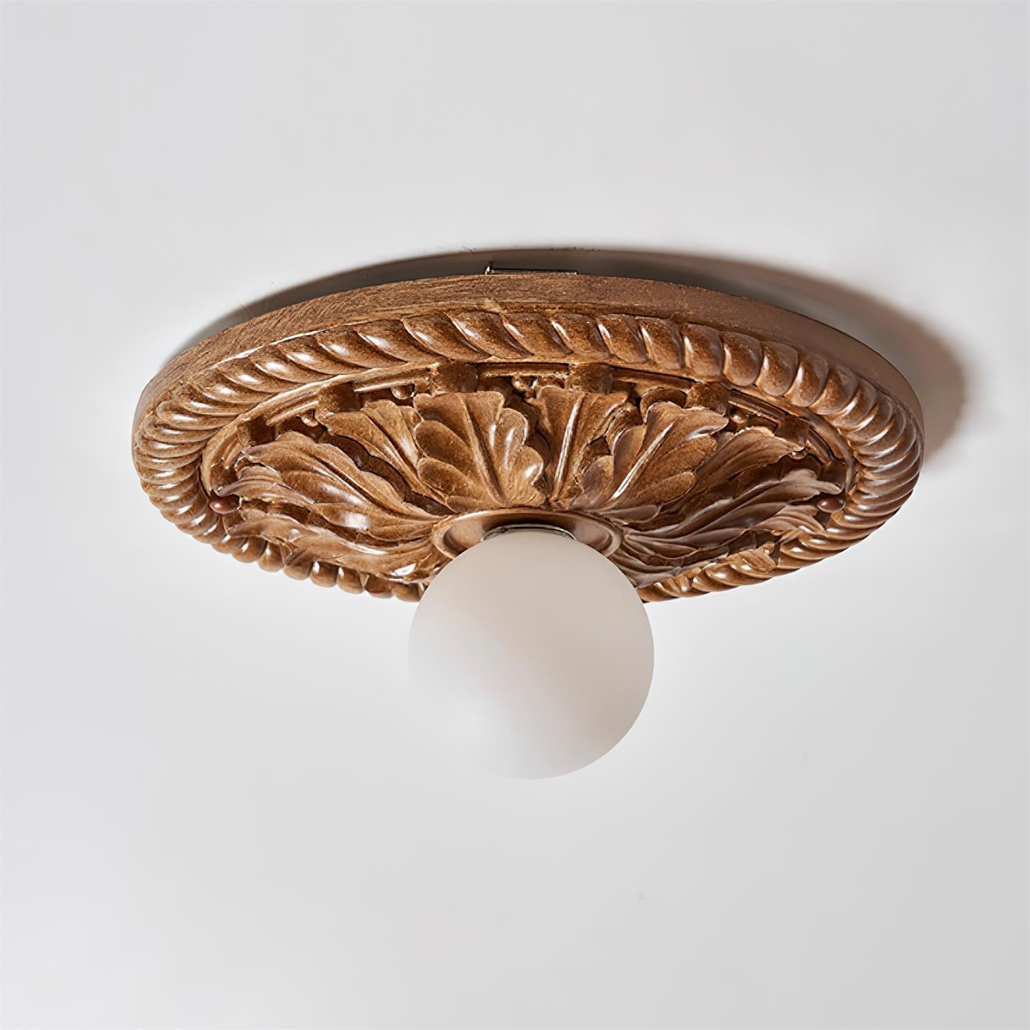 Ceiling Lamp Vintage Art Deco with Ornate Carved Round Base and Globe Shade