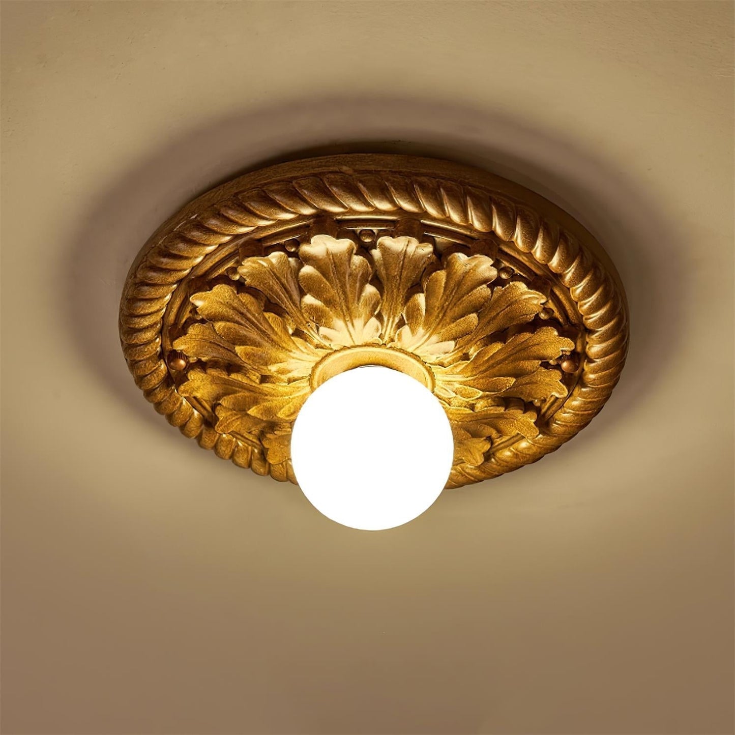 Ceiling Lamp Vintage Art Deco with Ornate Carved Round Base and Globe Shade