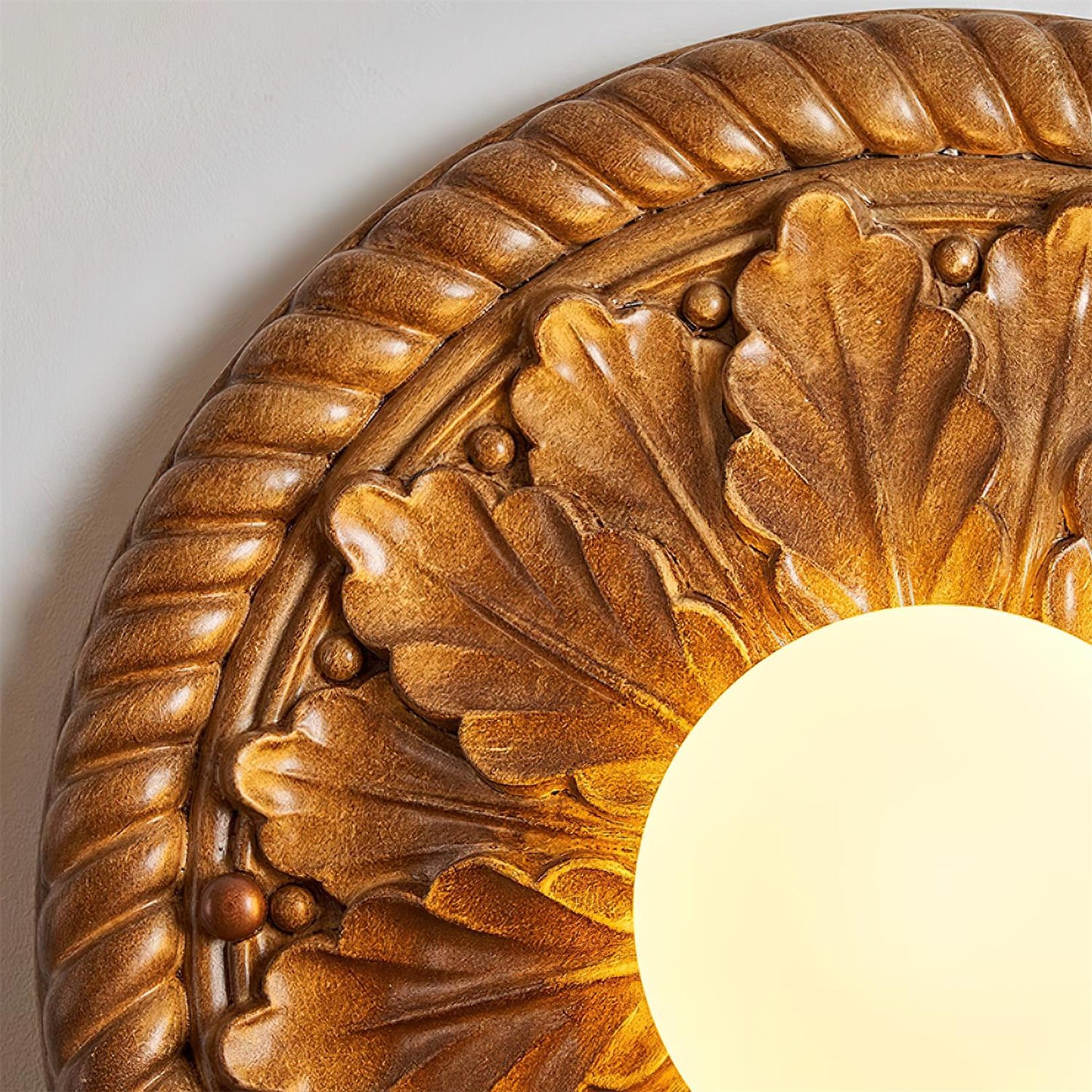 Ceiling Lamp Vintage Art Deco with Ornate Carved Round Base and Globe Shade