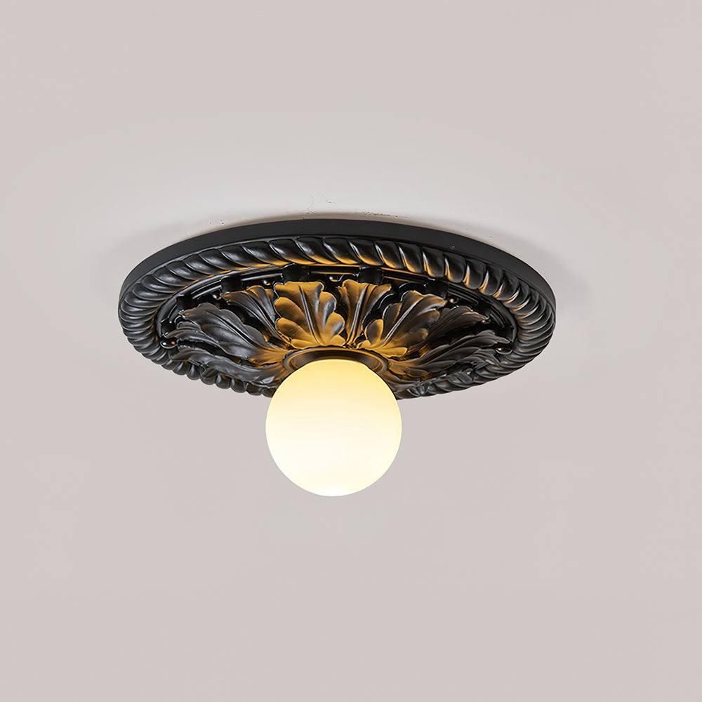Ceiling Lamp Vintage Art Deco with Ornate Carved Round Base and Globe Shade