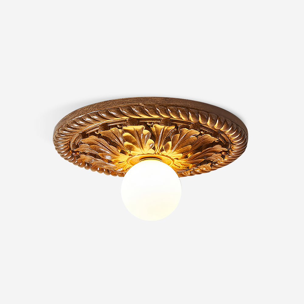 Ceiling Lamp Vintage Art Deco with Ornate Carved Round Base and Globe Shade