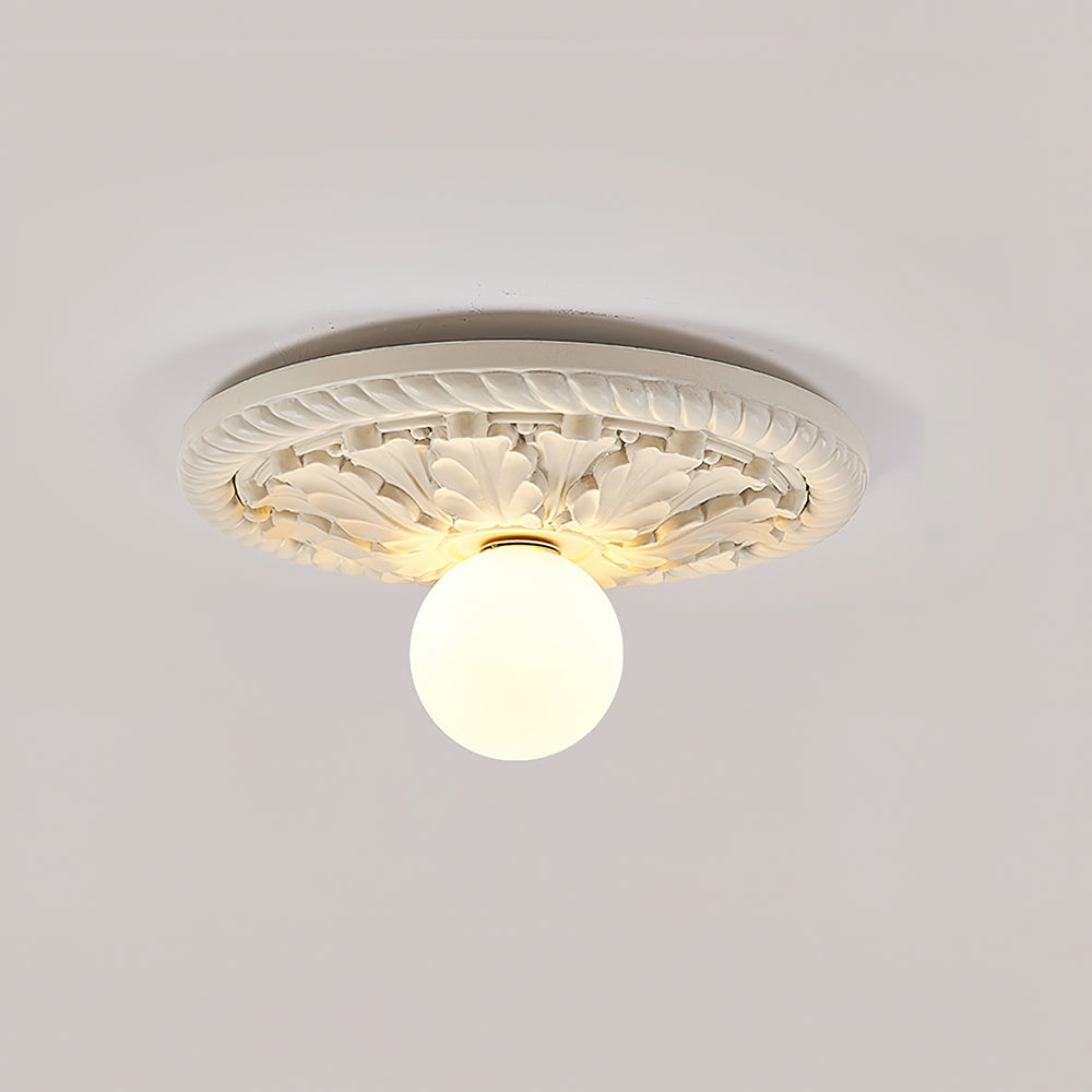 Ceiling Lamp Vintage Art Deco with Ornate Carved Round Base and Globe Shade