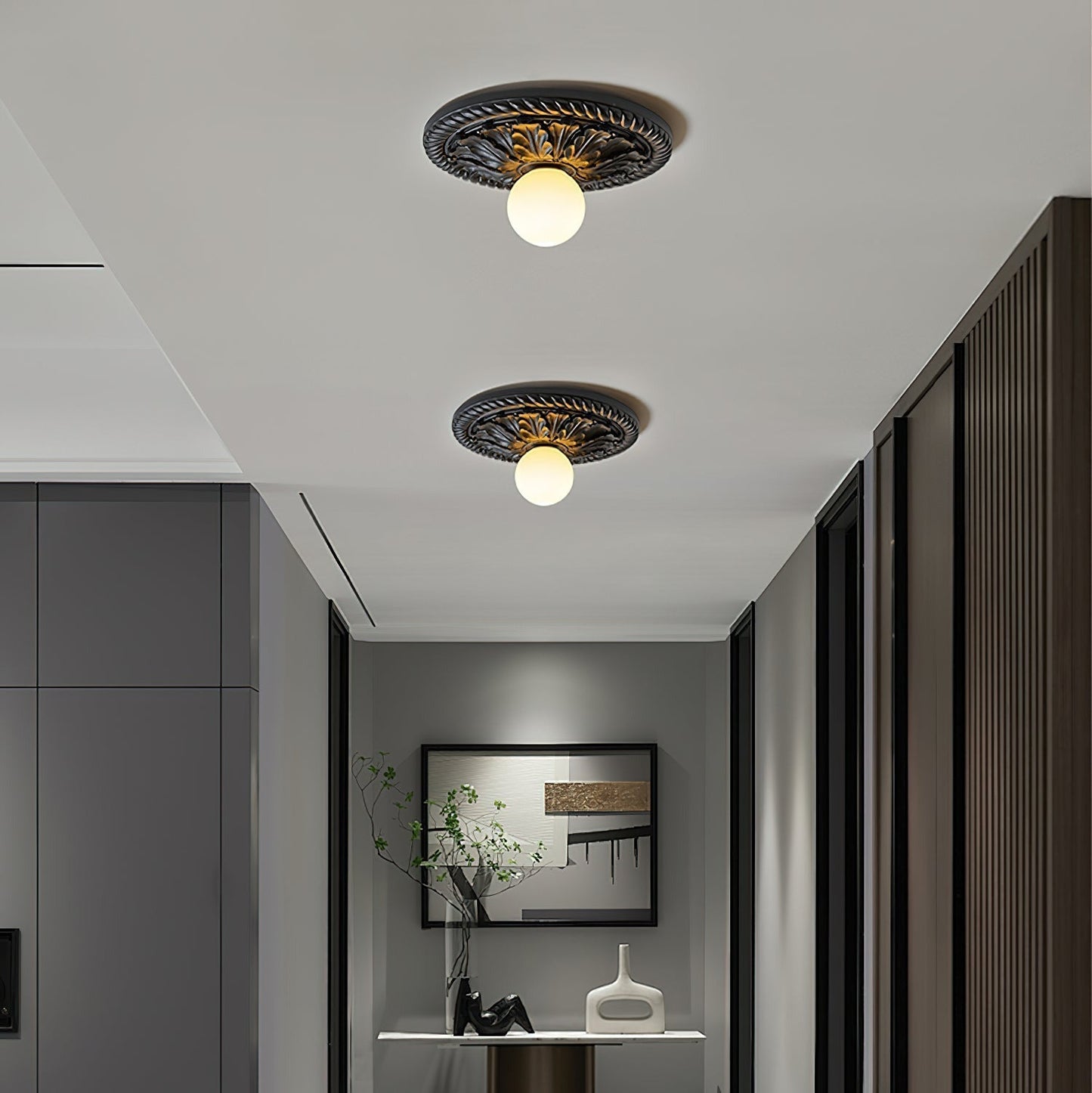 Ceiling Lamp Vintage Art Deco with Ornate Carved Round Base and Globe Shade