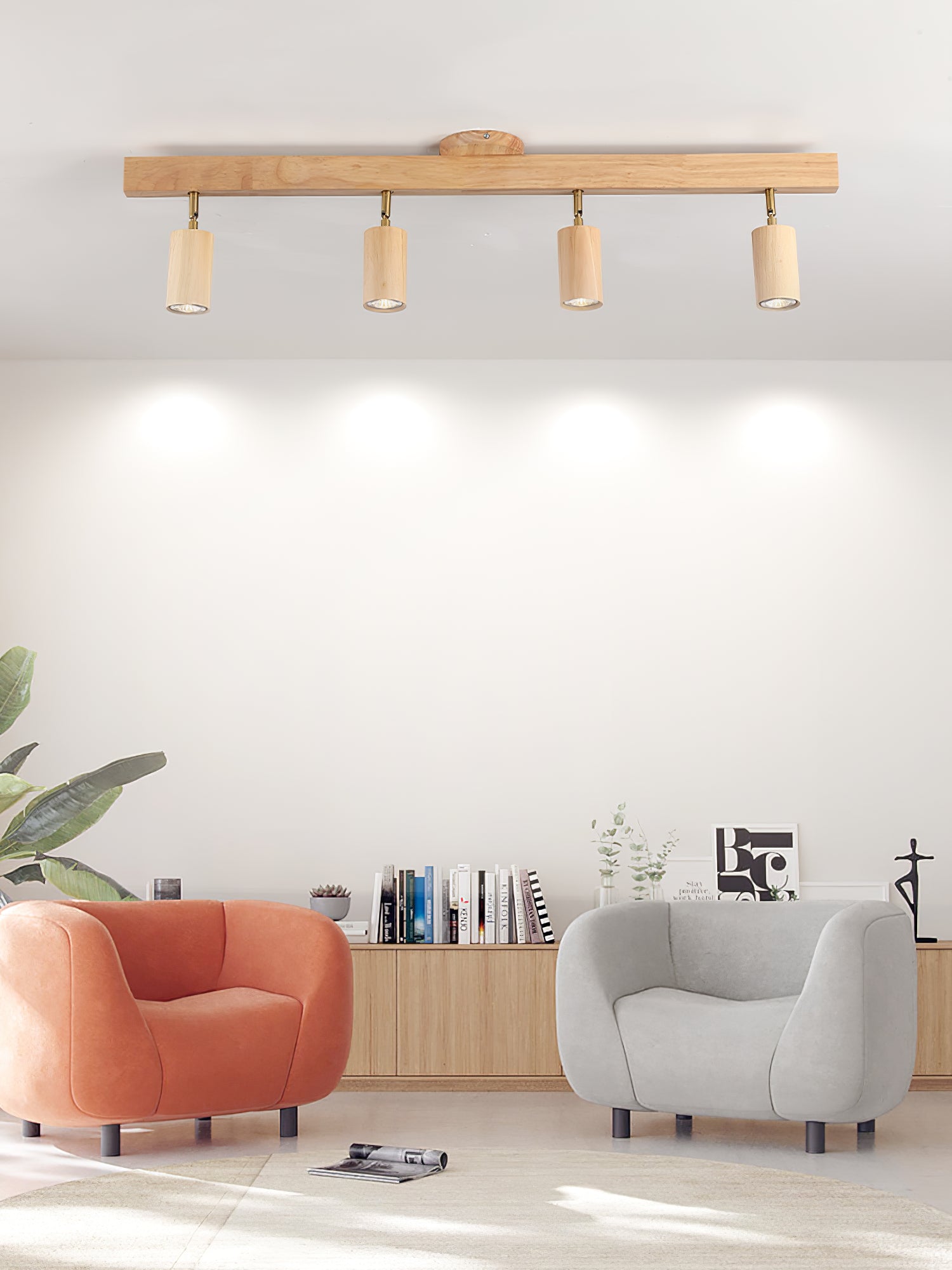 Ceiling Spotlight Track Light Scandinavian with Rotatable Wood Heads and E27 Fitting