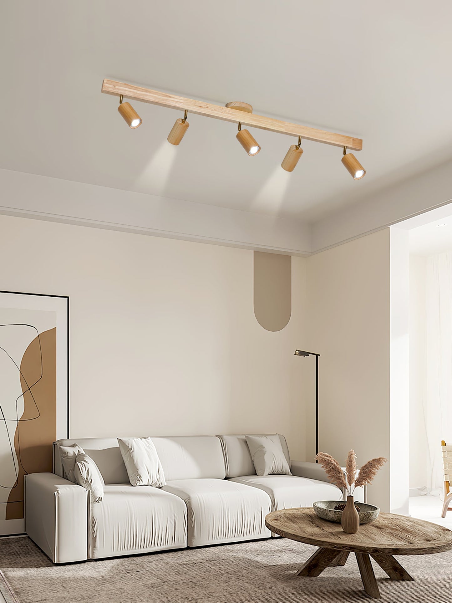 Ceiling Spotlight Track Light Scandinavian with Rotatable Wood Heads and E27 Fitting